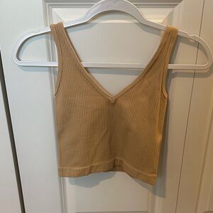 Aura Ribbed Beige V-Neck Crop Top